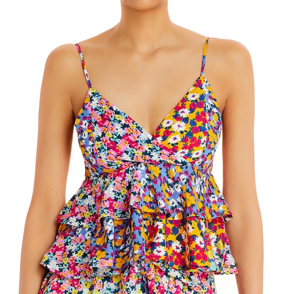 Aqua Floral Multicolored Layered Top with Ruffles